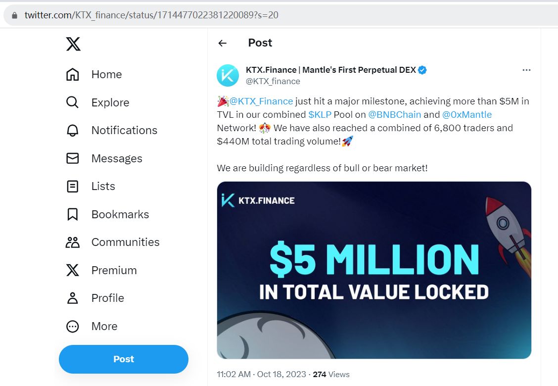 KTX.Finance在BNBChain和Mantle上的KLP资金池TVL总计超过500万美元