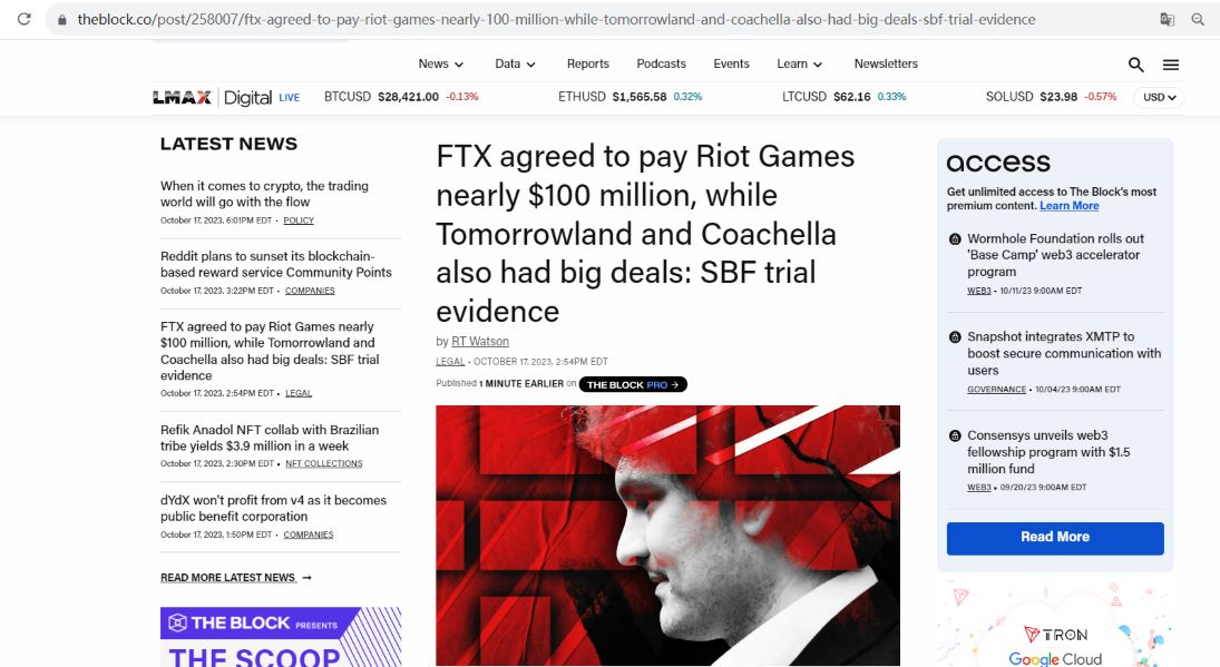 FTX曾与Riot Games签署近1亿美元赞助协议