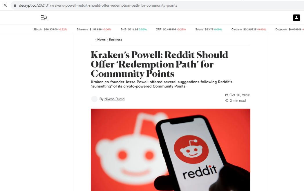 Kraken联创：Reddit应为社区积分提供“兑换路径”