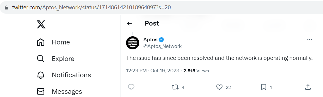 Aptos：网络已恢复正常运行