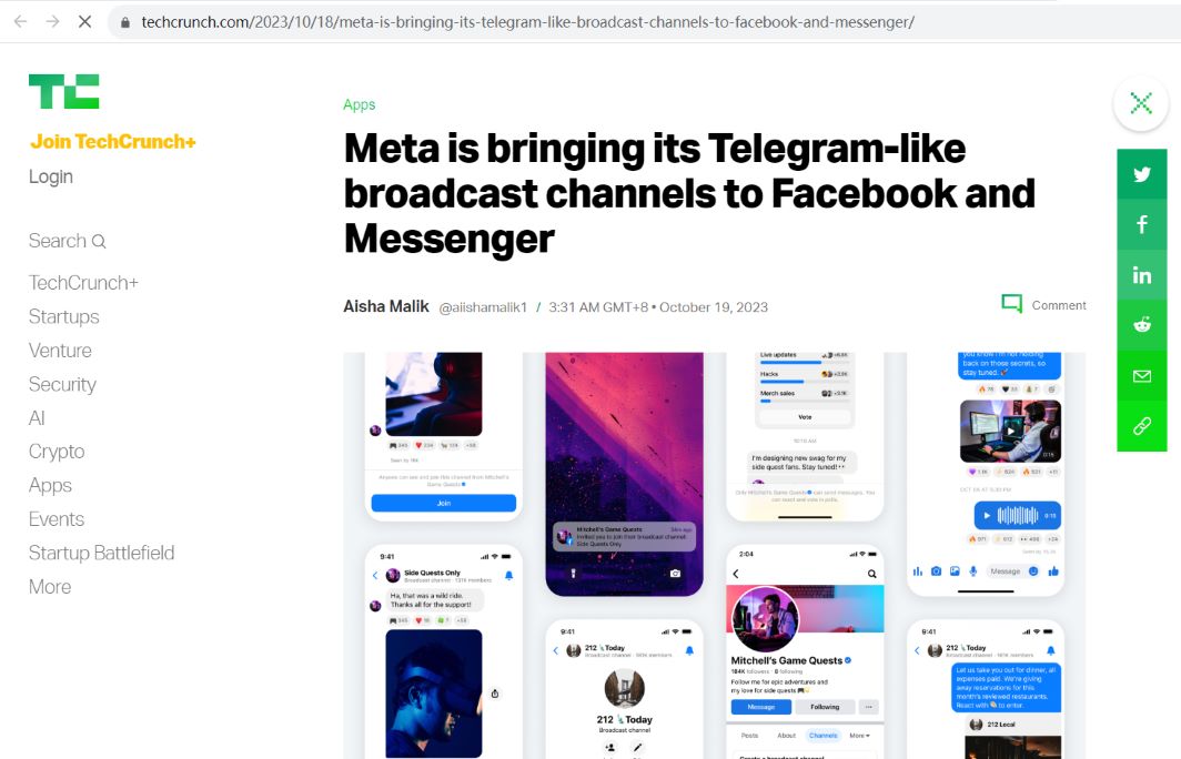 Meta正在将其类似Telegram的广播频道引入Facebook和Messenger