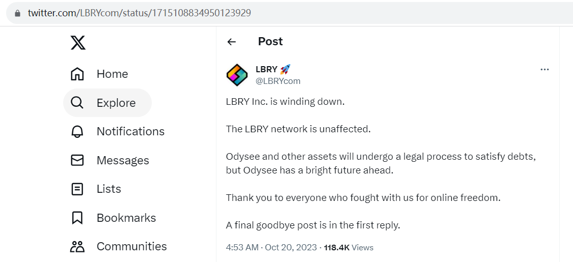 LBRY公司宣布即将关闭，所有LBRY高管、员工和董事会成员均已辞职