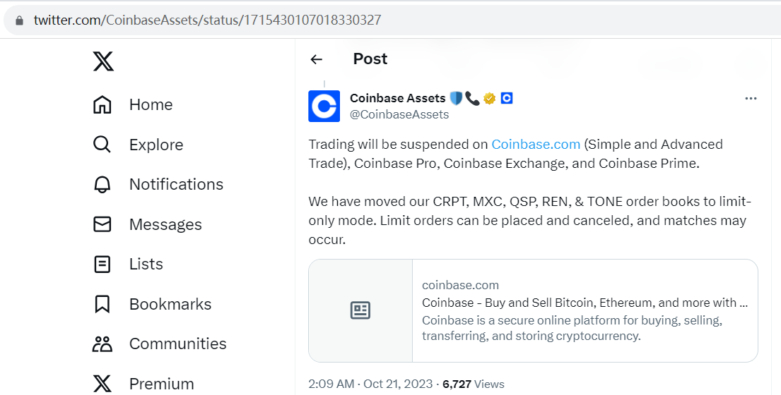 Coinbase将于11月4日暂停CRPT、MXC、QSP、REN、TONE交易