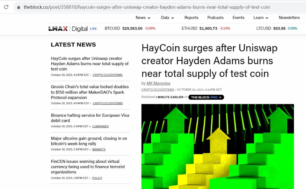 Uniswap创始人销毁99.99%的HayCoin供应，HayCoin暴涨307%