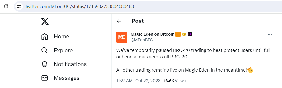 Magic Eden已暂停BRC-20交易，目前交易BRC-20或有双花风险