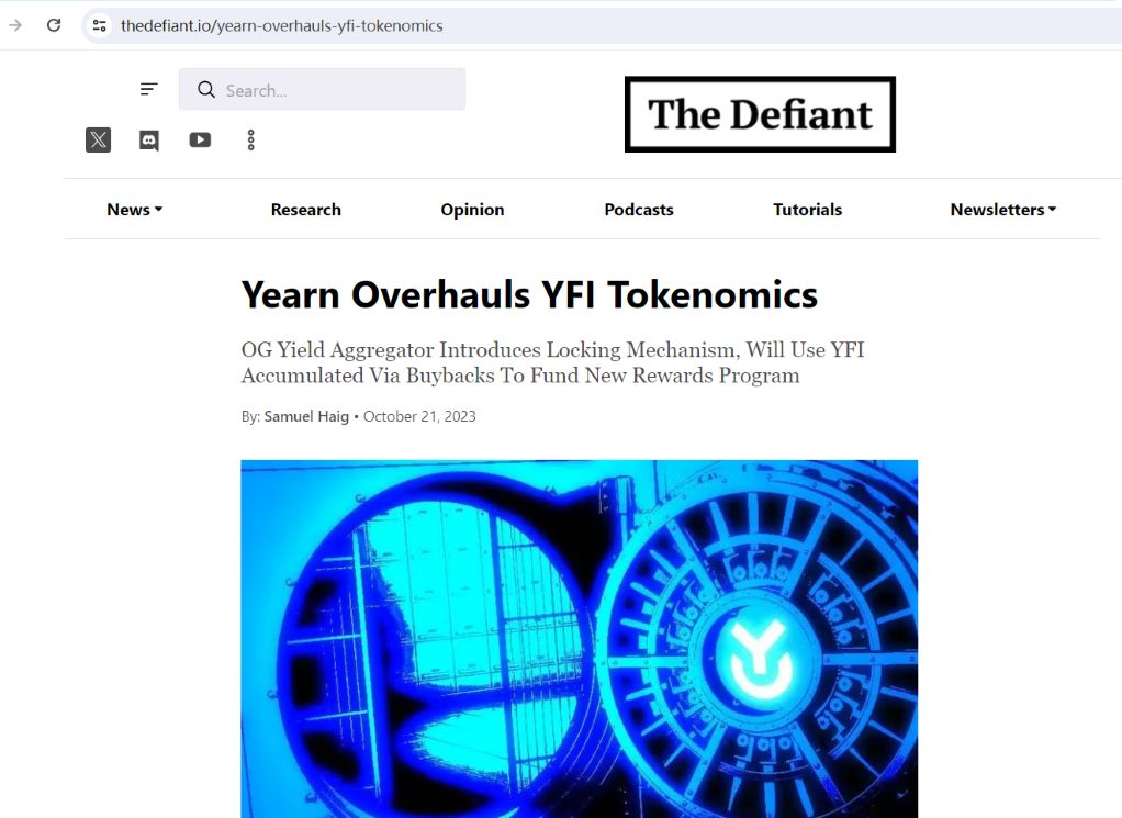 Yearn Finance已改进YFI代币经济模型并引入投票锁定机制