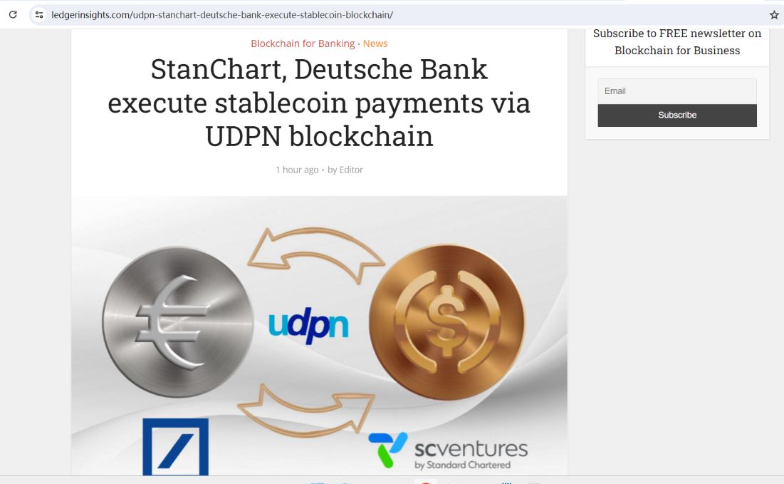 渣打银行与德意志银行已尝试使用UDPN执行稳定币转账和交易