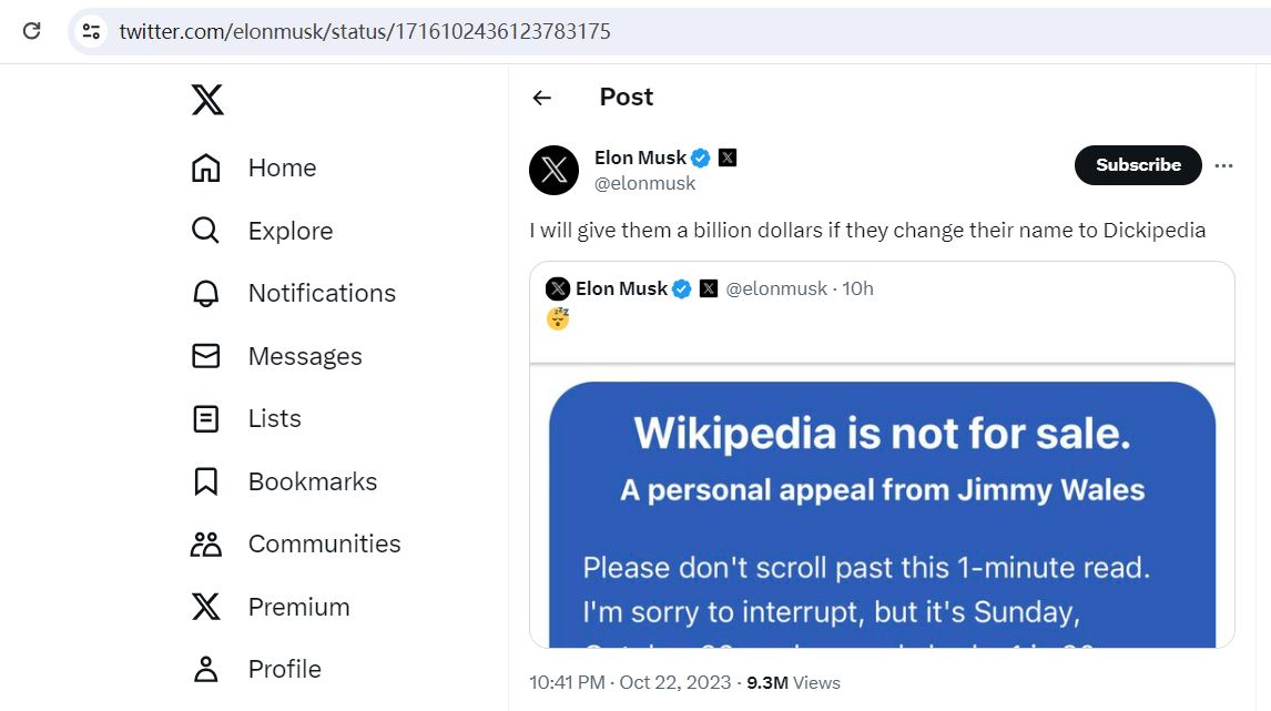 马斯克：如果维基百科更名为“Dickipedia”，将为其捐赠10亿美元