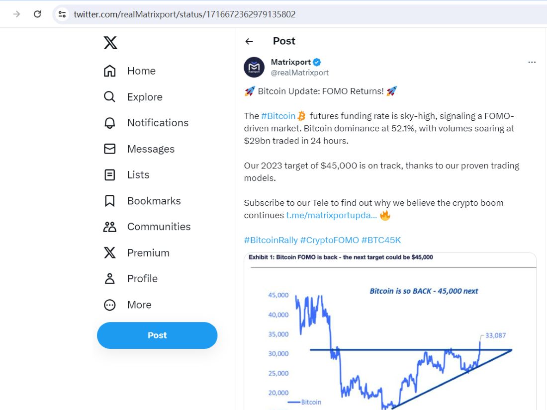 Matrixport：比特币FOMO回归，年底或将达到45,000美元