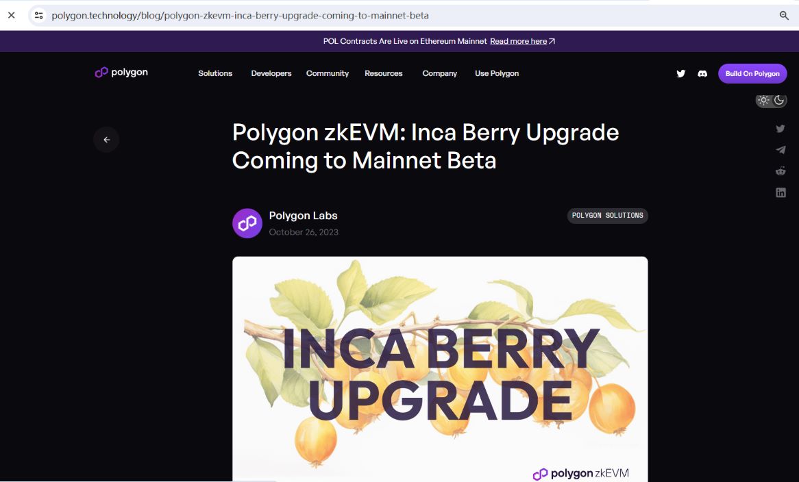 Polygon zkEVM主网Beta版本即将进行Inca Berry升级