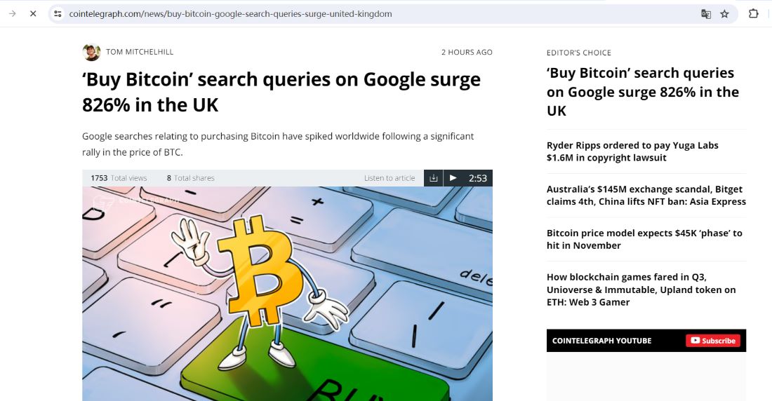 Google上“购买比特币”一词在英国的搜索量在7天内飙升826%