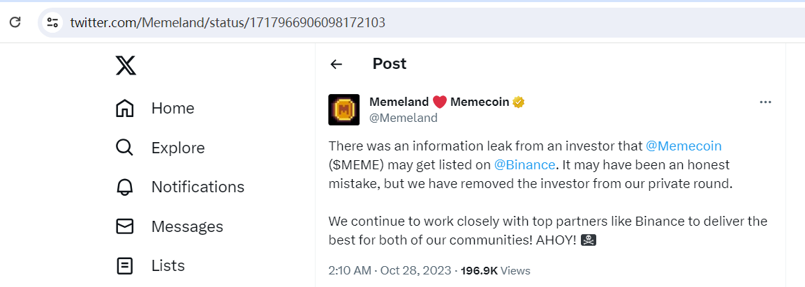 Memeland：已将某位泄露MEME或将上线币安的投资者从私募轮中移除