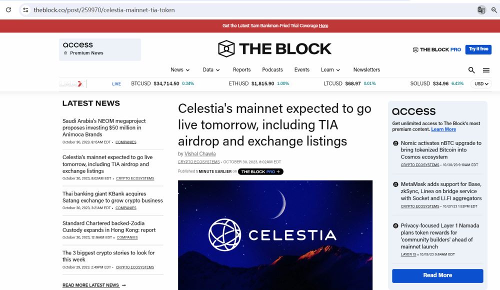Celestia主网预计明天上线，包括TIA空投和交易所上市