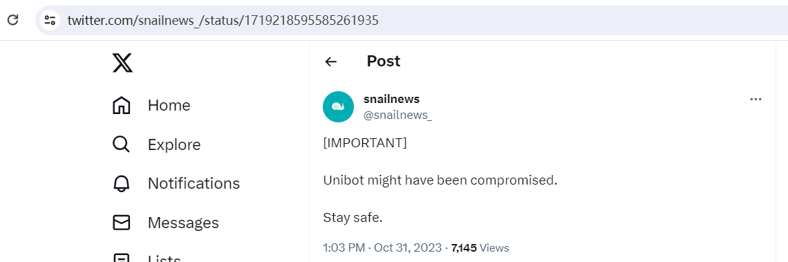 Unibot疑似受到攻击，请用户注意安全