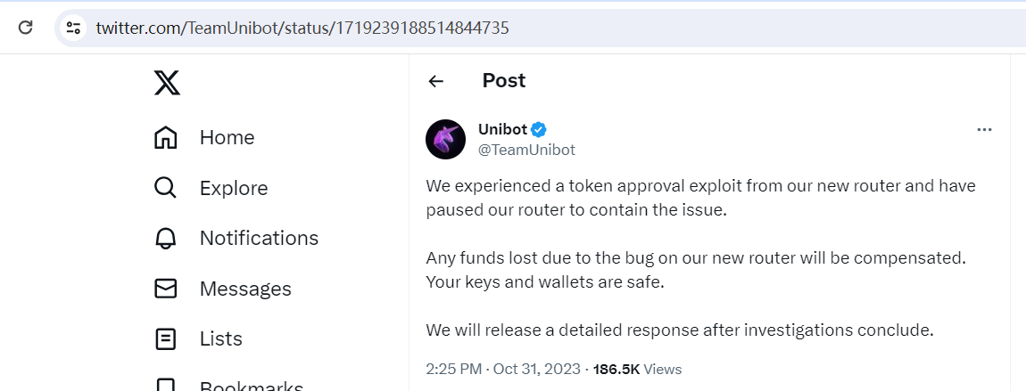 Unibot：已暂停路由器以遏制风险，任何资金损失都将得到补偿