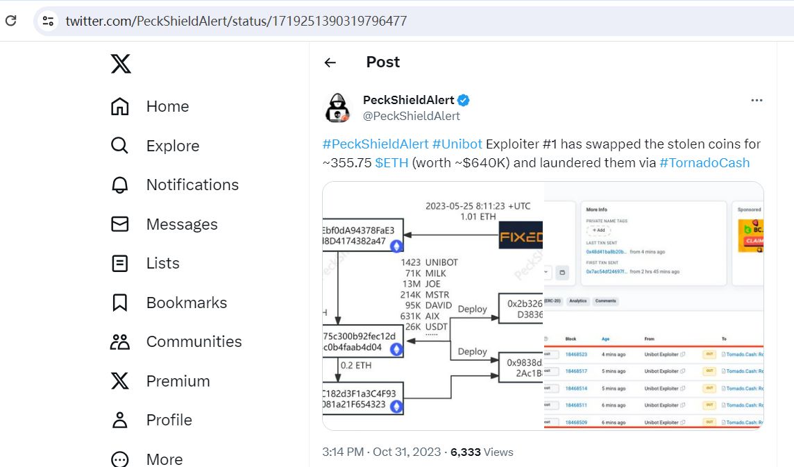 PeckShield：Unibot攻击者地址之一已将被盗代币兑换成约355.75枚ETH