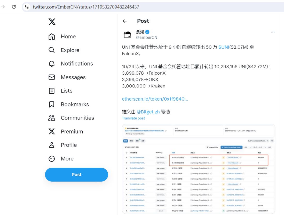 UNI基金会9小时前转出50万枚UNI至FalconX