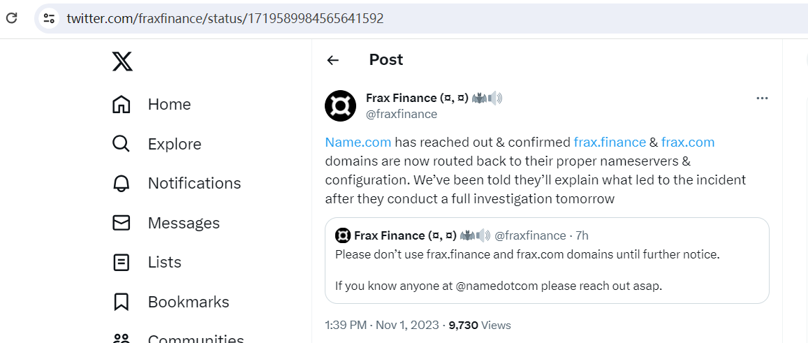 frax.finance和frax.com域名现已路由回其正确的域名服务器和配置