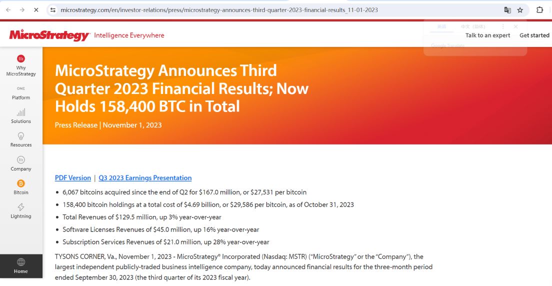 MicroStrategy再次买入155枚BTC，总持有量增至158,400枚