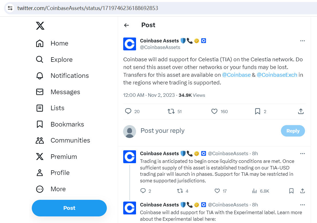 Coinbase将上线Celestia(TIA)