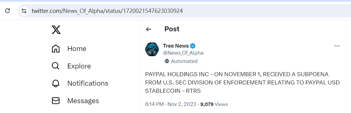 市场消息：PayPal的美元稳定币昨日收到美SEC传票