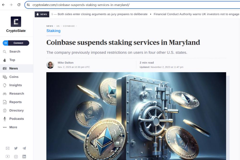 Coinbase暂停马里兰州的质押服务