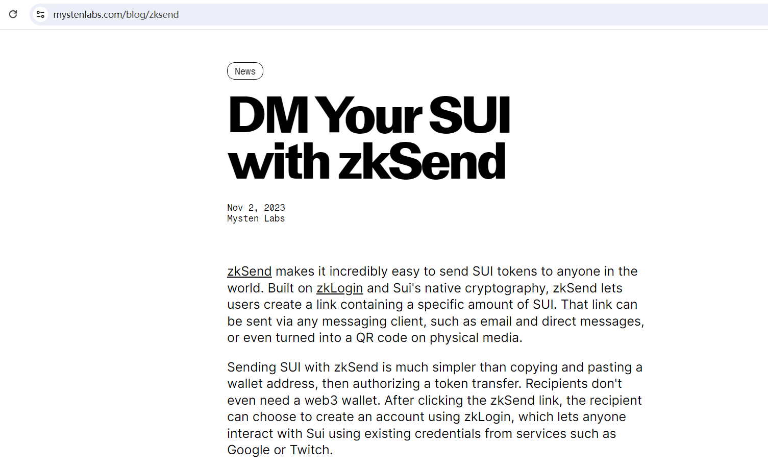 Mysten Labs推出zkSend，允许创建链接向他人转账SUI代币