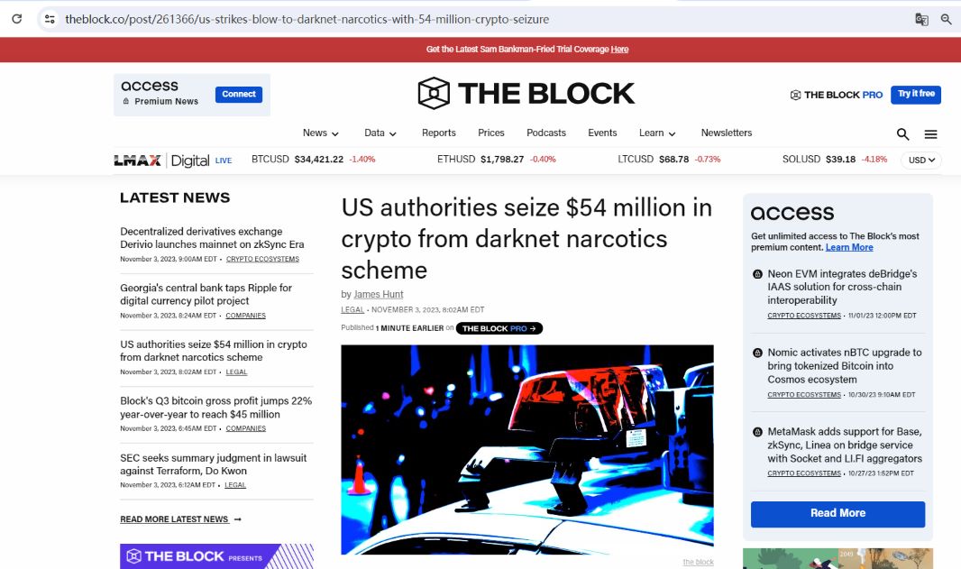 美国当局从暗网毒品计划中查获价值5400万美元的加密货币