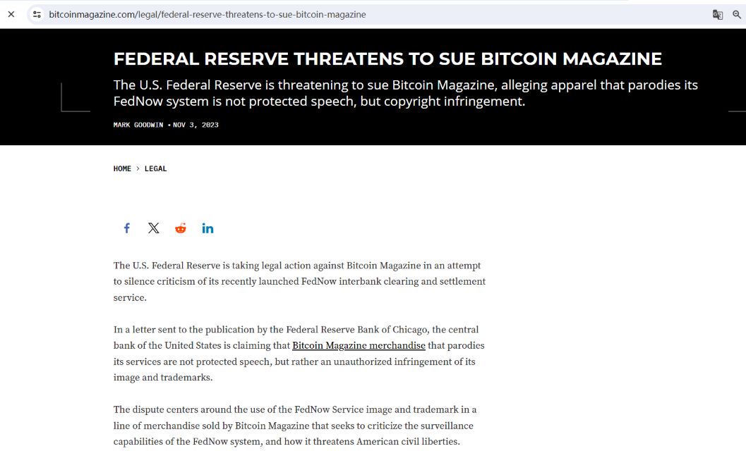 美联储正对Bitcoin Magazine采取法律行动，试图平息对其FedNow服务的批评