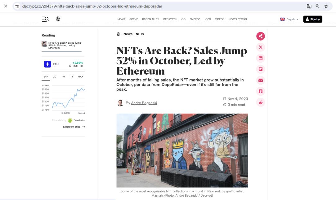 数据：10月份NFT交易量达到4.05亿美元，较9月增长32%