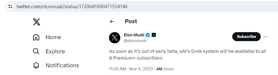 马斯克：AI项目xAI的Grok系统将向所有X Premium+订阅者开放