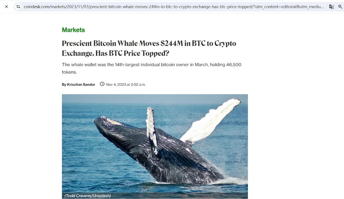 某BTC巨鲸地址将7000枚BTC转入Bitfinex