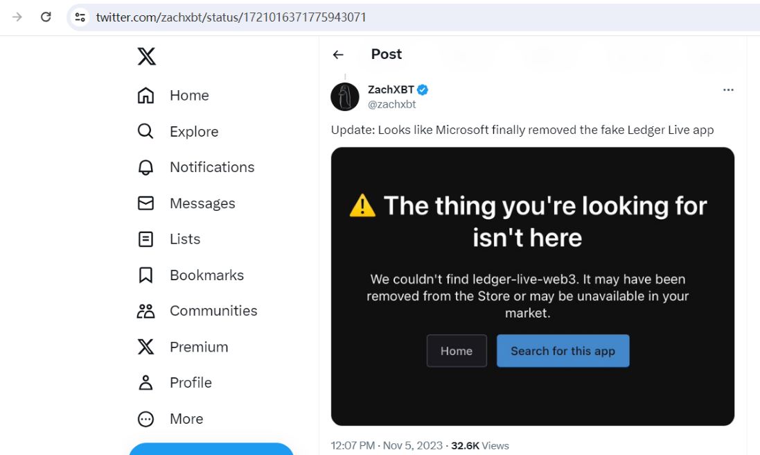 ZachXBT：Microsoft目前已将虚假Ledger Live应用删除