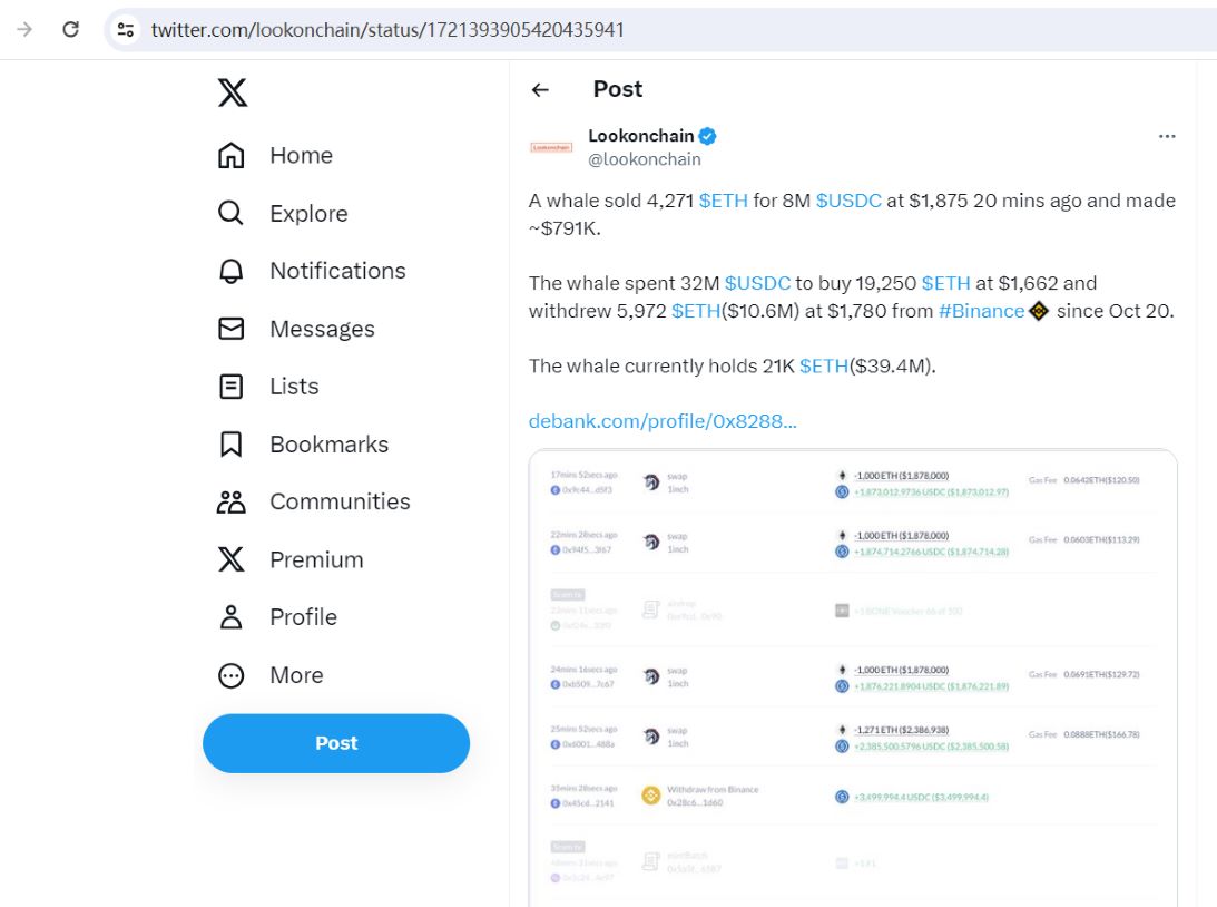 某巨鲸20分钟前卖出4271枚ETH，仍持有2.1万枚ETH