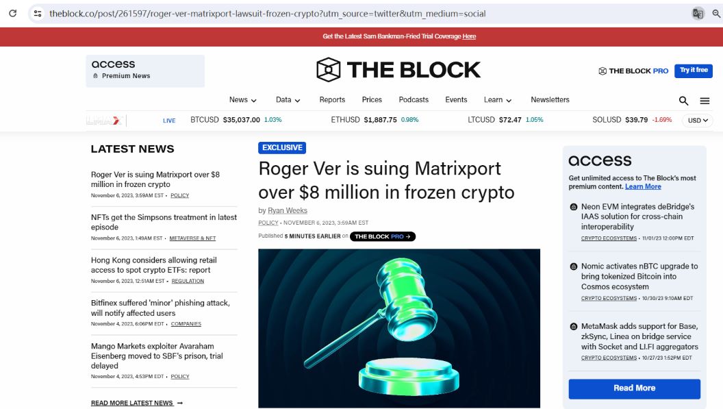 Bitcoin.com创始人因800万美元的加密货币被冻结起诉Matrixport