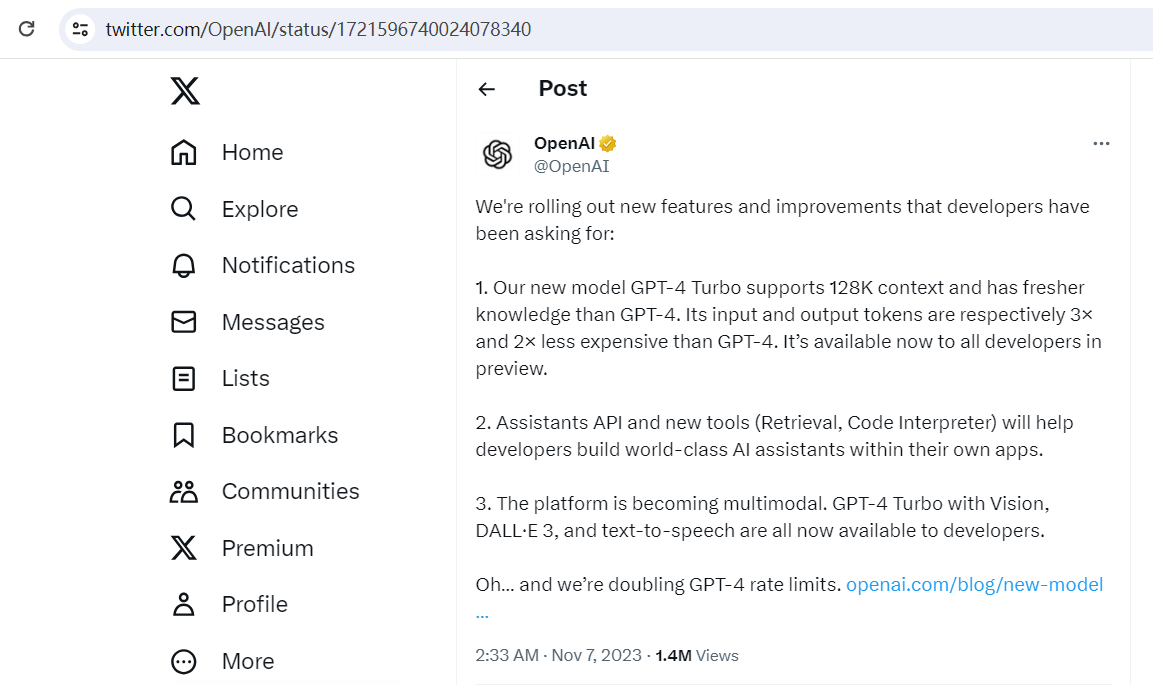 OpenAI：GPT-4 Turbo已支持128K上下文，并开放DALL·E3和文本转语音等功能