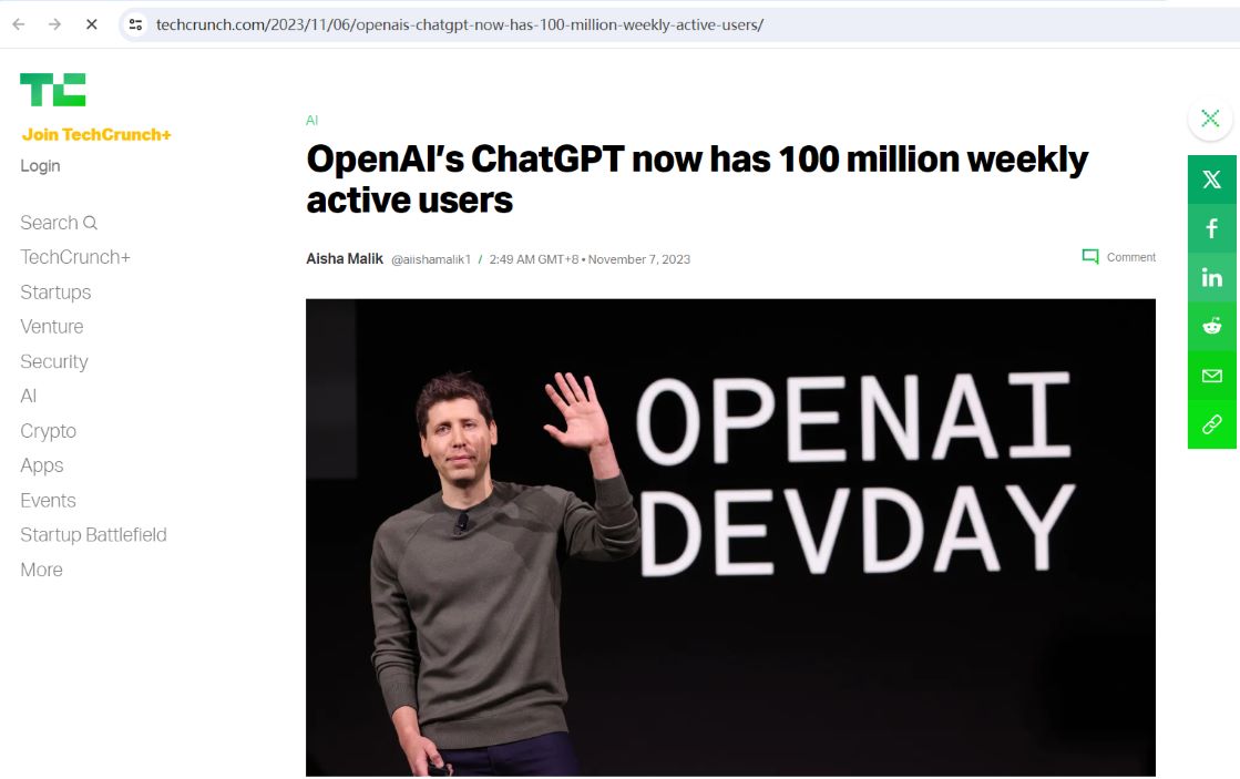 OpenAI：ChatGPT 每周活跃用户数达 1 亿人