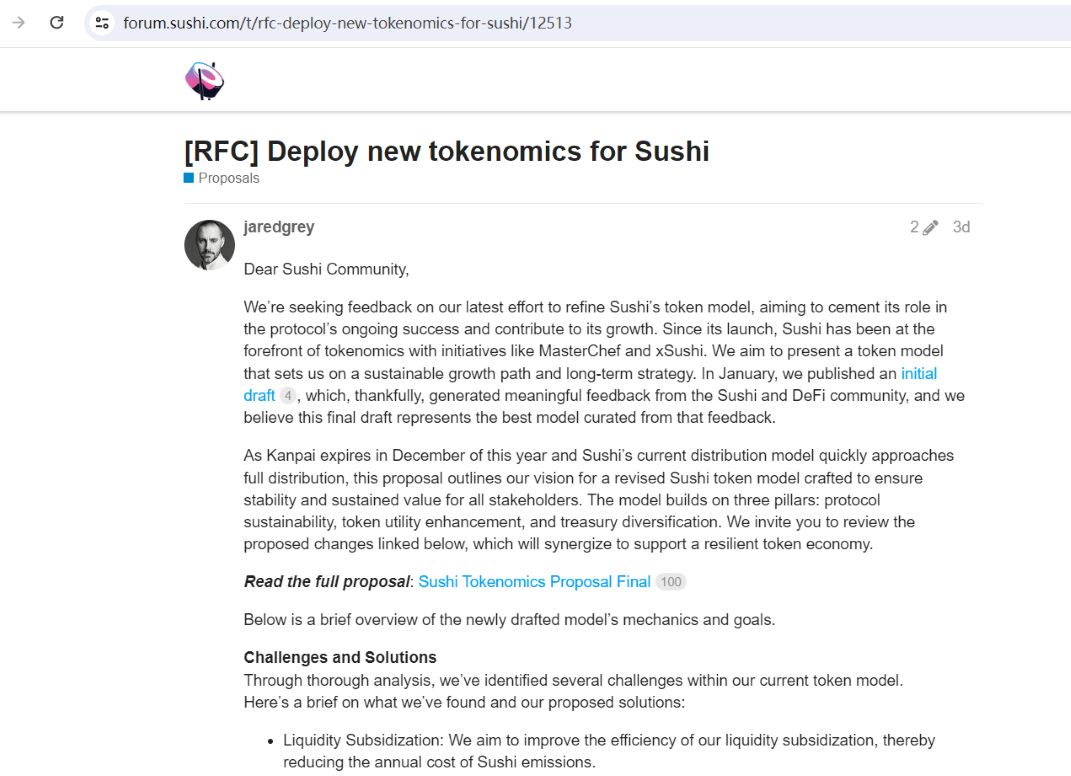 SushiSwap CEO发布部署SUSHI新代币经济学的社区提案