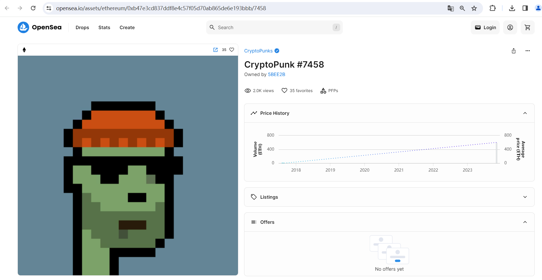 CryptoPunk#7458时隔三年以600枚ETH成交，上次成交价为56ETH