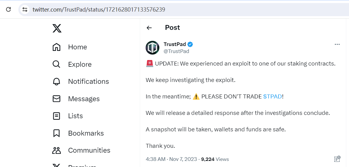 TrustPad：质押合约遭受攻击，用户资金和钱包是安全的