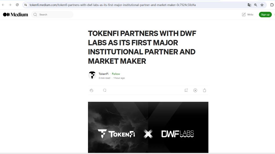 TokenFi与DWF Labs战略合作，DWFLabs成为TOKEN的做市商