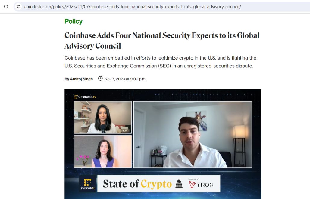 Coinbase全球咨询委员会增加四名国家安全专家