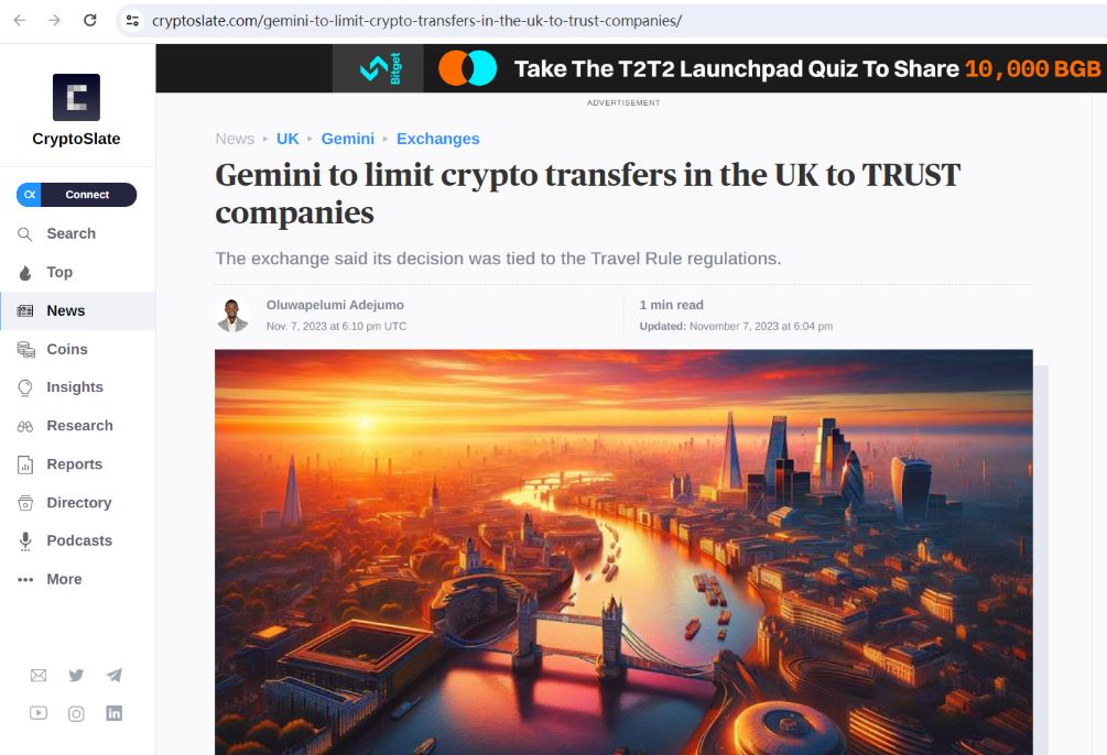 Gemini宣布自11月17日起仅允许遵守旅行规则的公司在英国进行加密转账