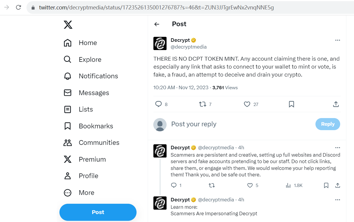 Decrypt：没有DCPT代币铸造，谨防诈骗