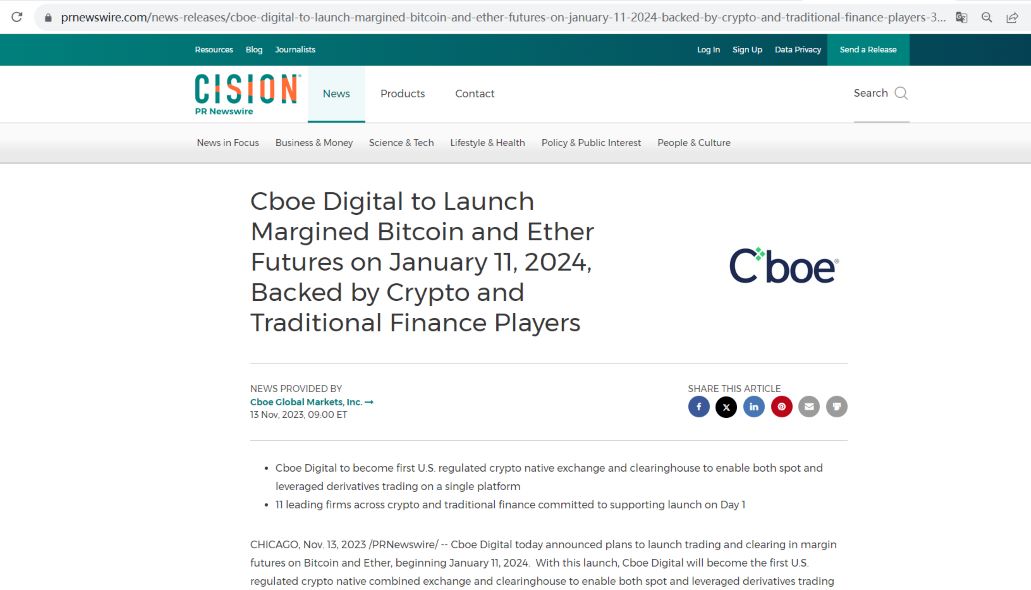 Cboe Digital将推出比特币和以太坊保证金期货交易