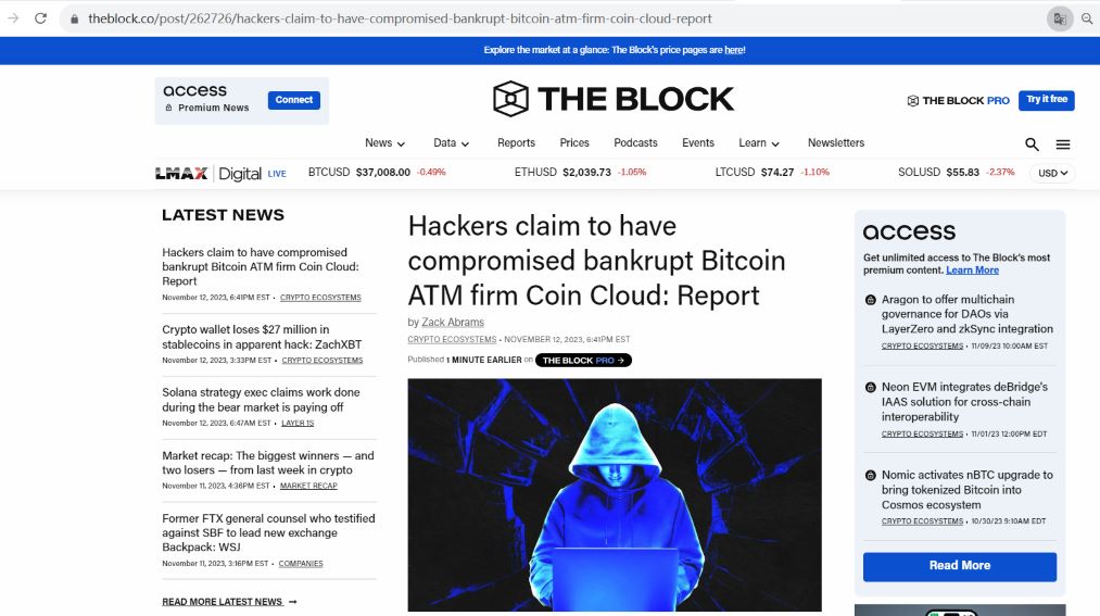 某黑客组织已窃取破产的比特币ATM运营商Coin Cloud用户数据