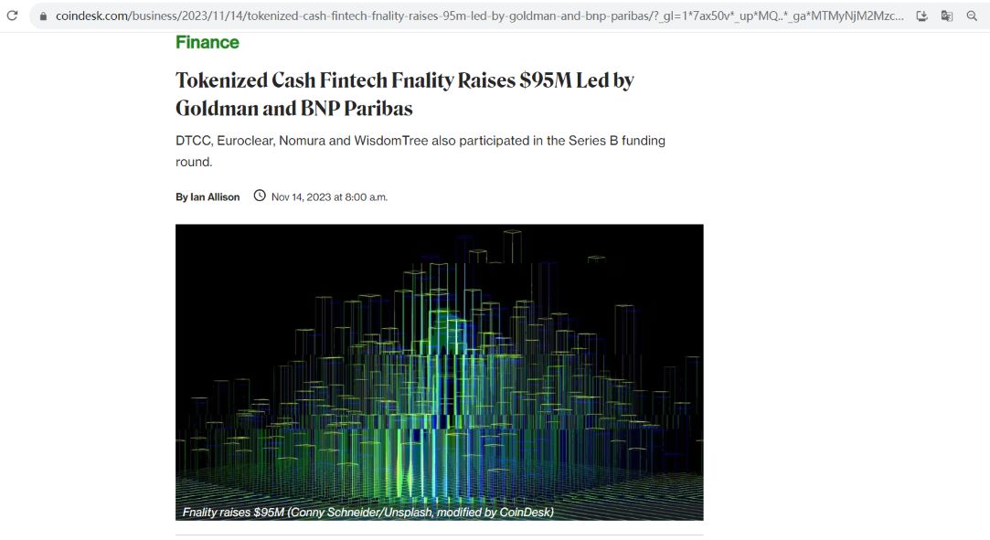 区块链支付公司Fnality融资9500万美元，高盛和法国巴黎银行领投