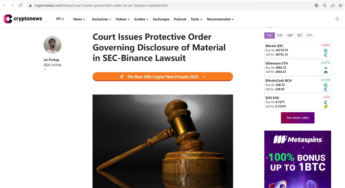 法院针对SEC与币安诉讼中的材料披露发布保护令
