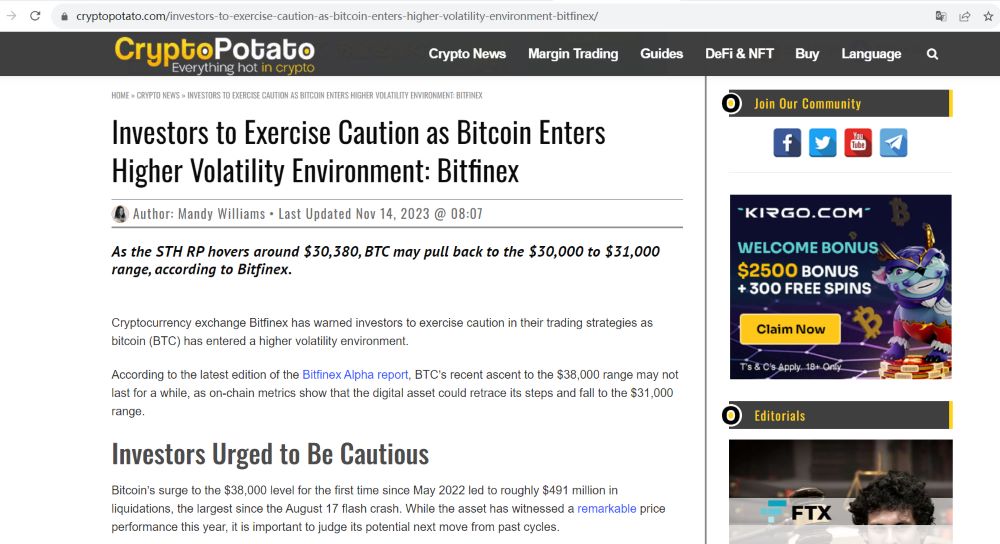 Bitfinex：随着比特币进入更高的波动环境，投资者应保持谨慎