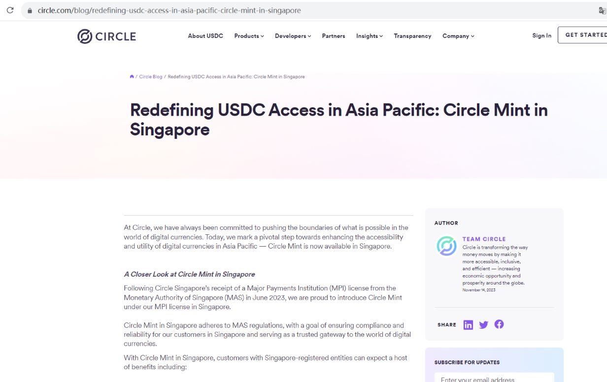 Circle在新加坡推出Circle Mint，提供零费用USDC铸造与赎回服务